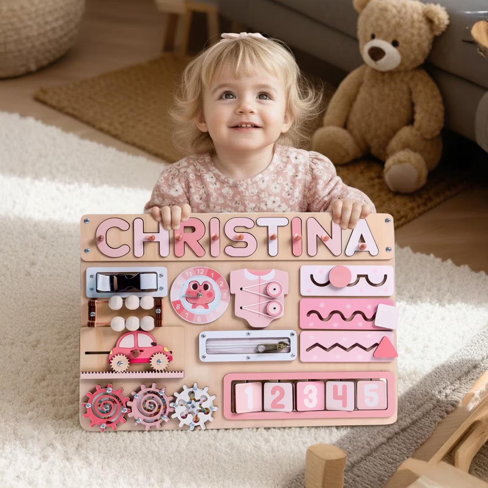 Personalized Name Puzzle & Busy Board, Montessori Wooden Toy, Gift for Baby Girl, First Birthday Gift, Christmas Gift, Baby Toy, Baby Gift. NPPETAL7