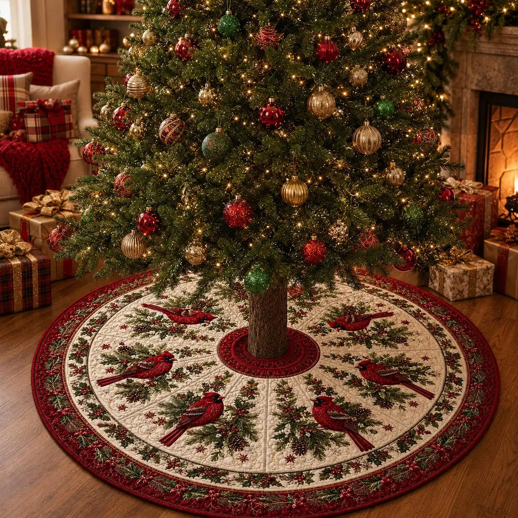 Christmas Red Cardinal Tree Skirt, Holiday Tree Decor, Winter Bird Farmhouse Christmas Decor, Quilted Style Tree Mat. CTSPETAL16