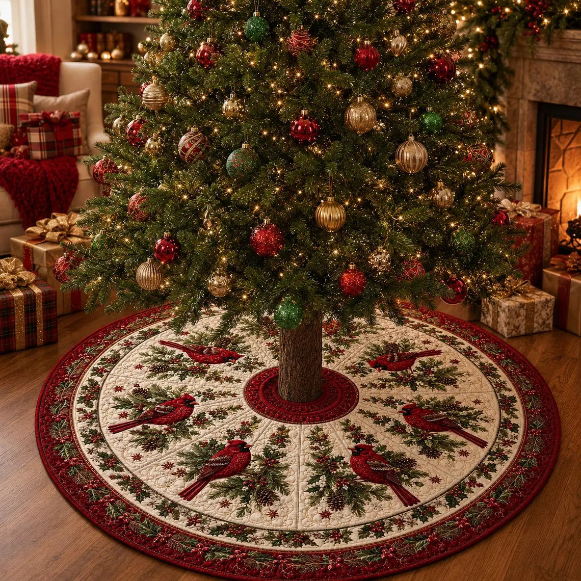 Christmas Red Cardinal Tree Skirt, Holiday Tree Decor, Winter Bird Farmhouse Christmas Decor, Quilted Style Tree Mat. CTSPETAL16
