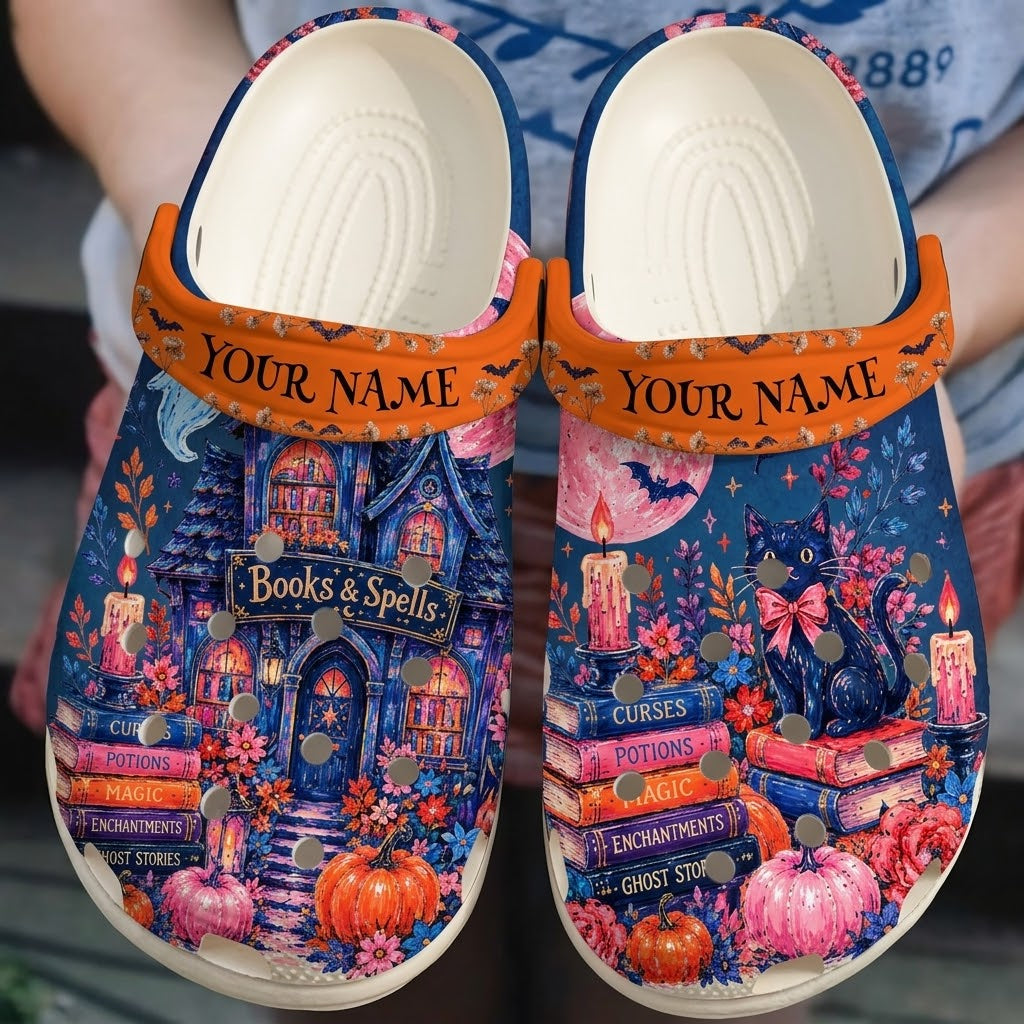 Personalized Halloween Books & Spells Clogs – Witchy Cat Fall Shoes. Happy Halloween Ghost Pumpkin. CLPETAL03