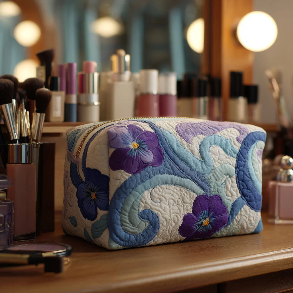 Quilted Purple Pansy Makeup Bag, Blue Floral Cosmetic Pouch, Travel Toiletry Organizer – QMBPETAL2