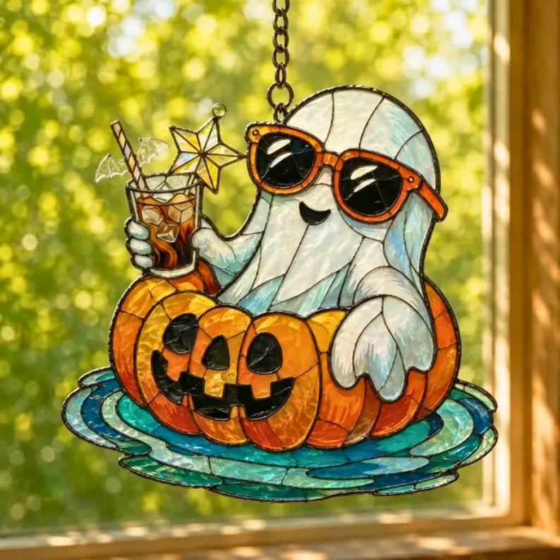 Americano Ghost Acrylic Suncatcher Window Hanging Pumpkin Decor Spooky Fall Ornament SummerWeen Suncatcher, Gift for Halloween Lovers. HSPETAL8