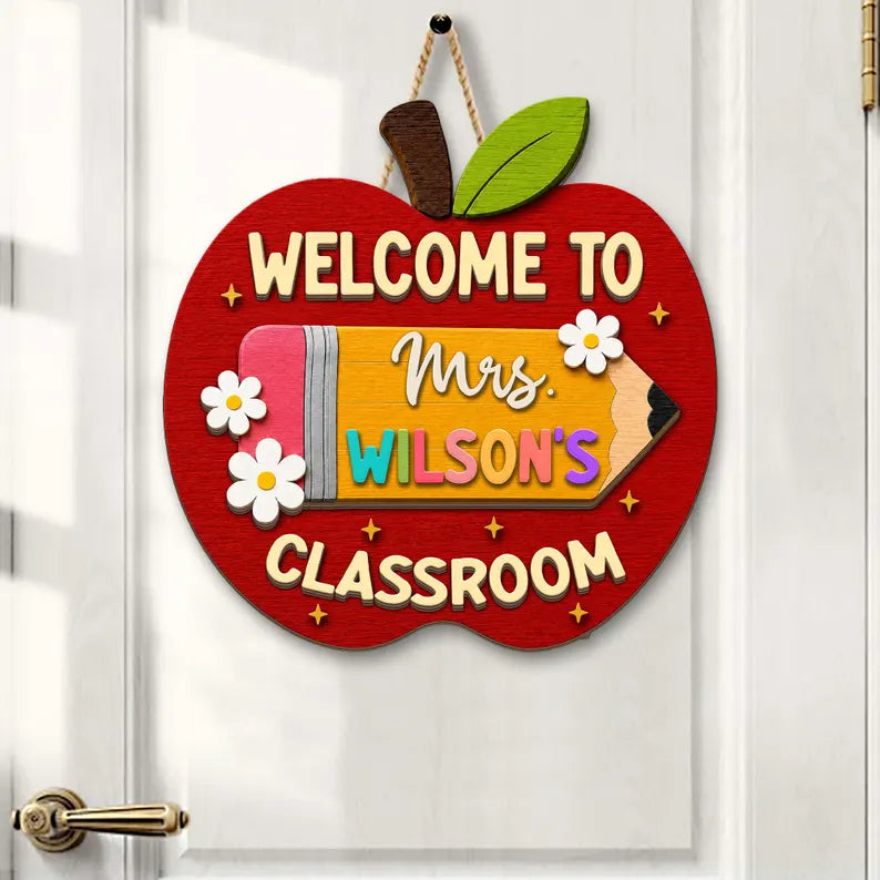 Personalized Apple Teacher Name Door Sign, Custom Welcome Door Hanger, Back to School 3D Wooden Classroom Decor, Teacher Appreciation Gifts. DHPETAL08