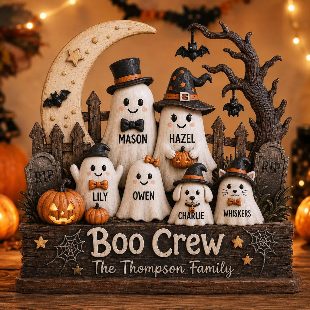 Personalized Halloween Gang Wood Sign, 3D Layered Ghost Family Decor With Custom Names, Crescent Moon Shelf Sitter For Fall Mantel. WBPETAL17