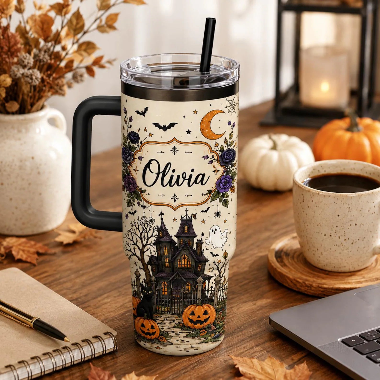 Personalized Halloween Tumbler, Spooky Haunted House Black Cat Travel Cup. TBLPETAL18