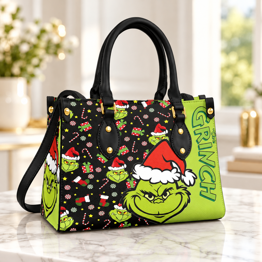 Personalized Grinch Leather Handbag, Grinch Christmas Leather Tote Bag, Grinch Wallet, Christmas Bag Gift GBAG01