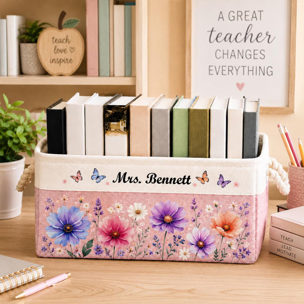 Personalized Teacher Book Storage Basket, Custom Name Classroom Organizer, Floral Butterfly Fabric Bin, Teacher Gift, Classroom Book Basket. BBPETAL9