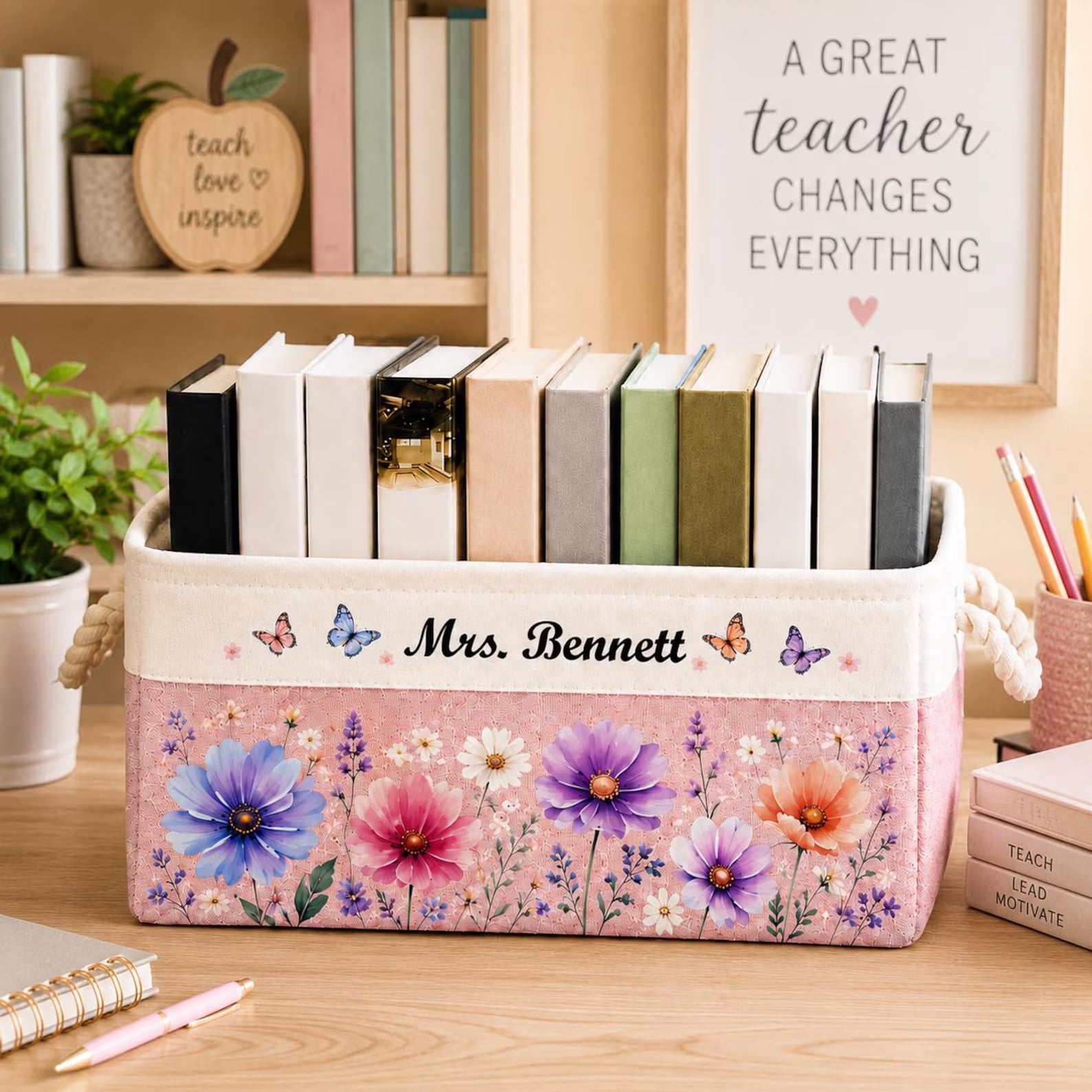 Personalized Teacher Book Storage Basket, Custom Name Classroom Organizer, Floral Butterfly Fabric Bin, Teacher Gift, Classroom Book Basket. BBPETAL9