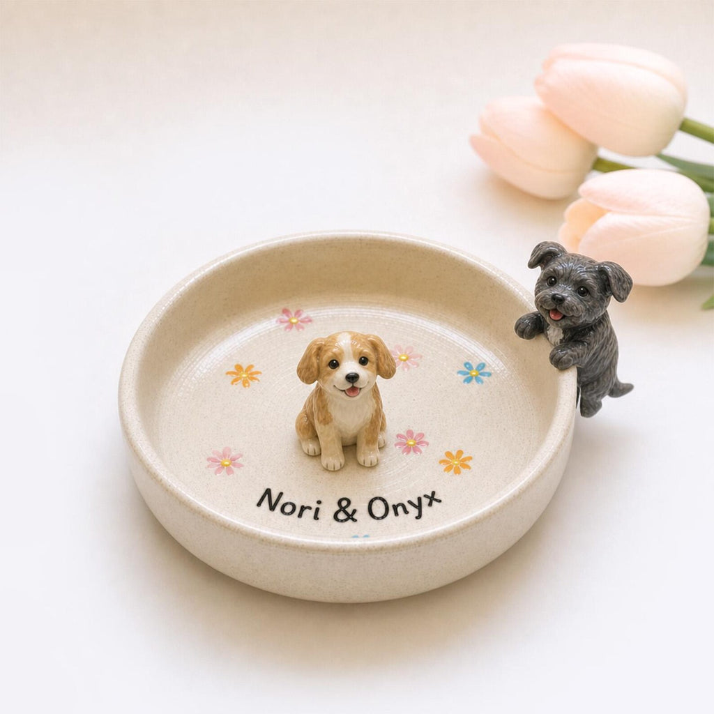 Personalized Ceramic Pet Ring Dish, Handmade 3D Dog Cat Figure, Star Pattern Jewelry Tray. CPPETAL15