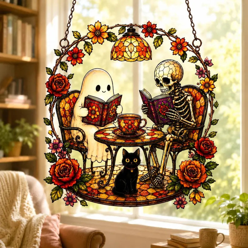 Ghost and Skeleton Reading Book Acrylic Suncatcher, Black Cat in Teacup, Books Lover. HSPETAL14