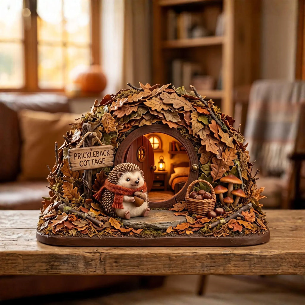 Personalized Hedgehog House 2D FLAT Wooden Block, Autumn Harvest Table Accent, Woodland Fall Shelf Sitter, Housewarming Gifts. WBPETAL2