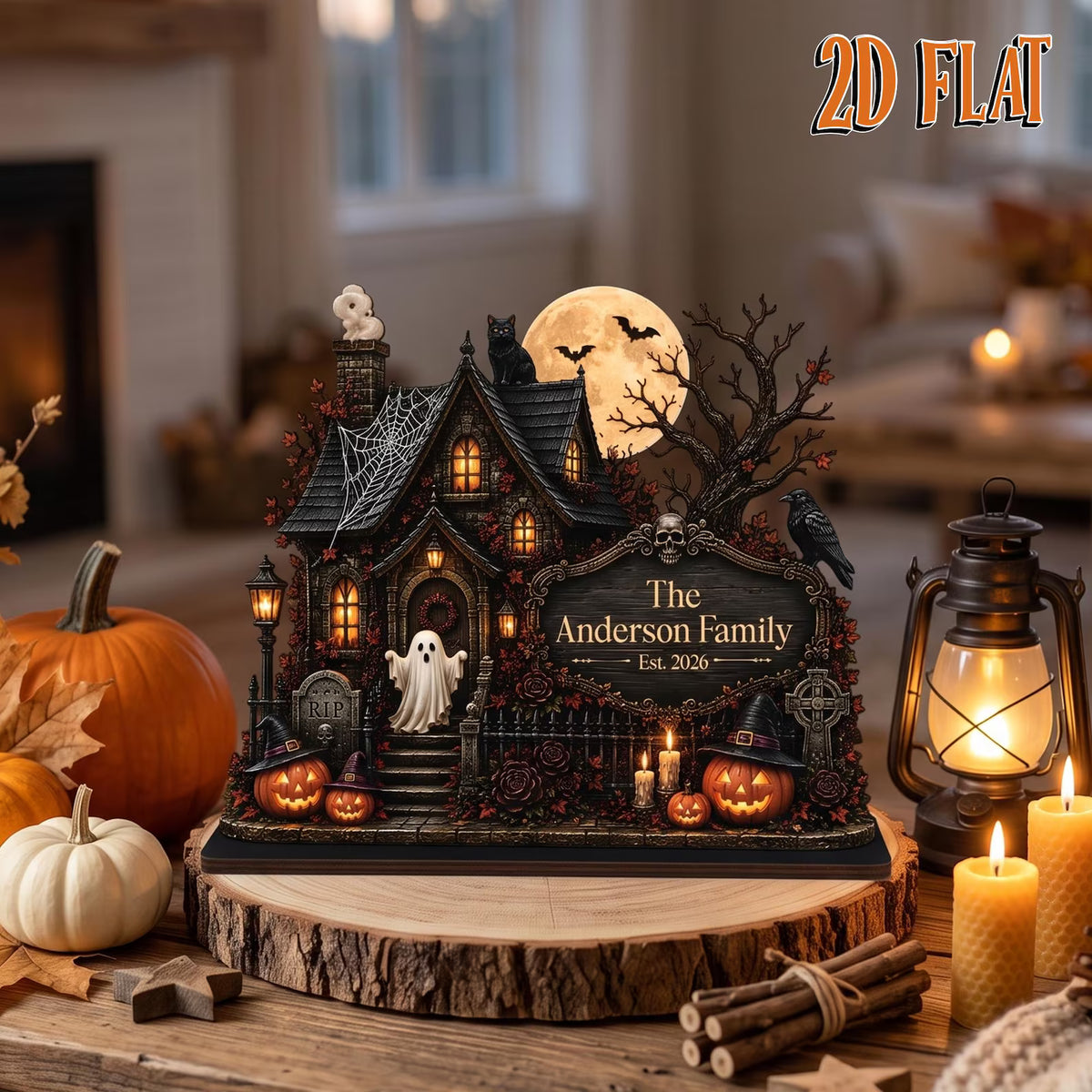 Personalized Haunted House Wooden Block, Custom Family Name Halloween Decor, Spooky House Tabletop Sign. WBPETAL9