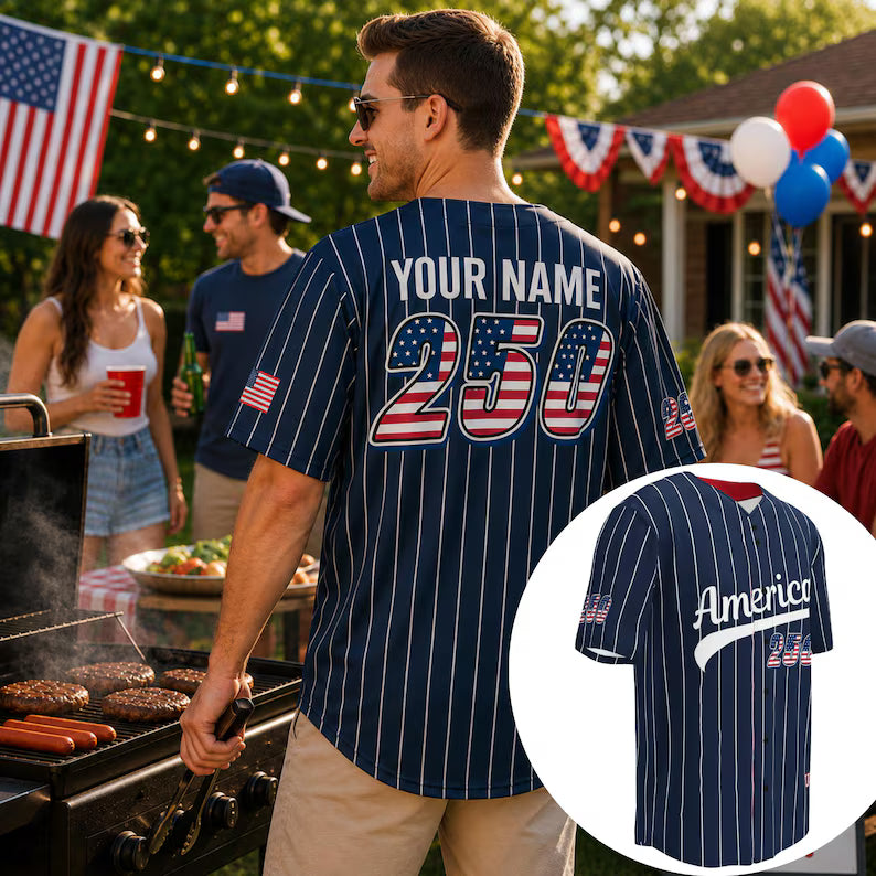 Personalized USA 250th Baseball Jersey, Red White and Blue, Custom Patriotic Shirt, Independence Day Apparel, 4th of July Custom Patriotic Baseball Jersey, 250th USA Name Number Shirt. BJPETAL04