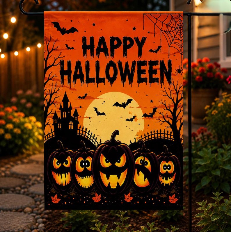 Happy Halloween Garden Flag, Spooky Pumpkin Yard Flag, Jack O Lantern Fall Porch Decor, Haunted House Outdoor Flag, Halloween Party Gift. HLWGFPETAL13
