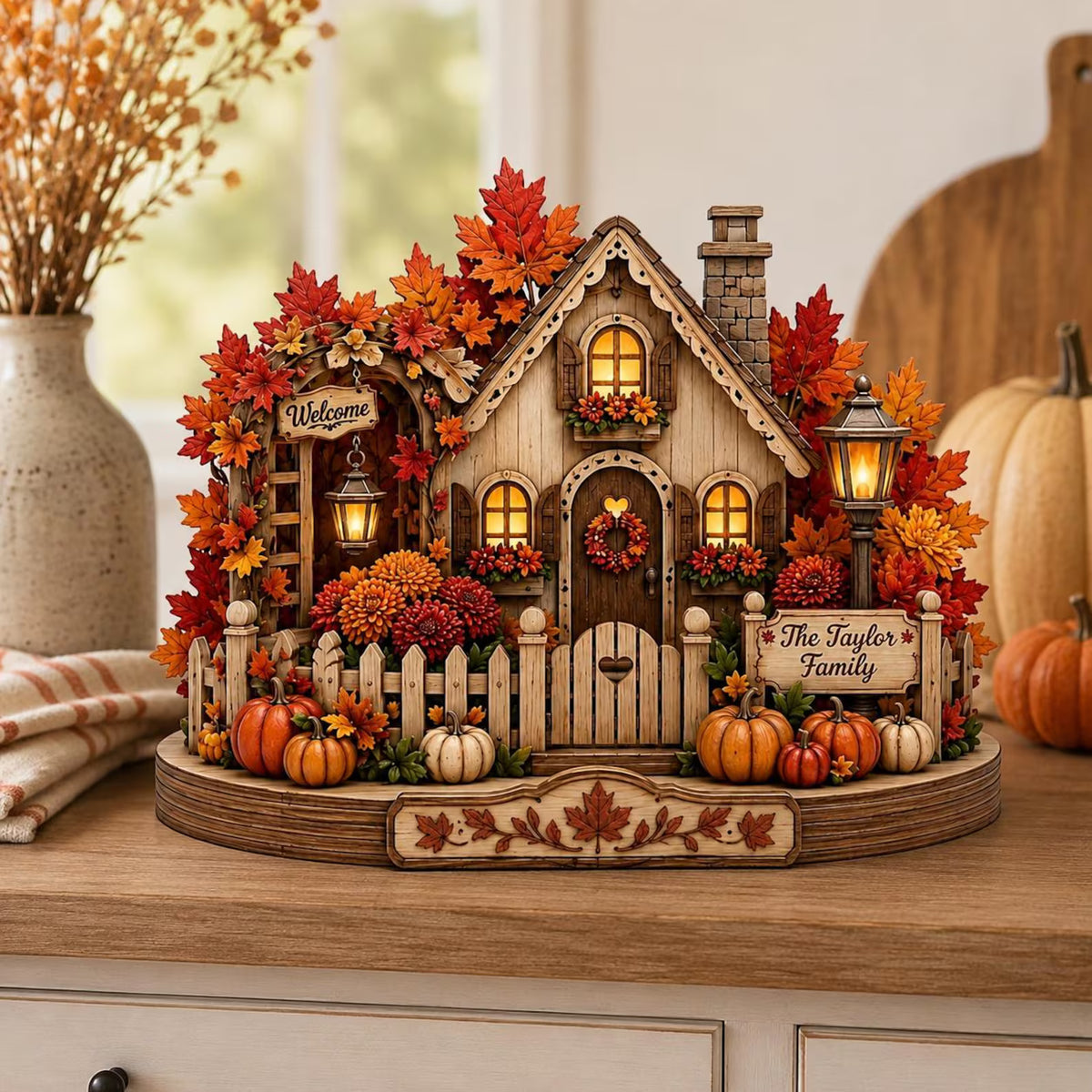 Personalized Harvest Home Wooden Block, Autumn Village,Fall Pumpkin Decor, Thanksgiving Gift, 2D Flat. WBPETAL5