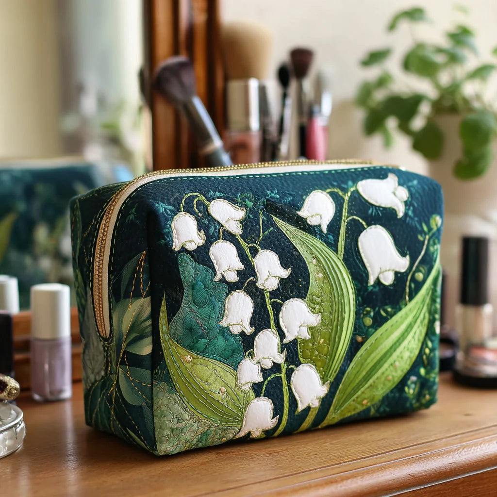 Quilted Lily of the Valley Makeup Bag, Botanical Floral Cosmetic Pouch, Travel Toiletry Organizer – QMBPETAL3