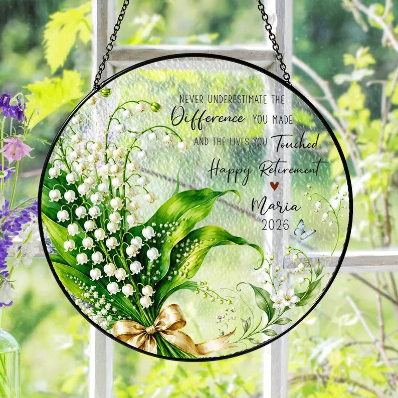 Lily of the Valley Retirement Suncatcher, Custom Teacher Gift, Personalized Window Hanging, Retirement Decor. SUNPETAL13