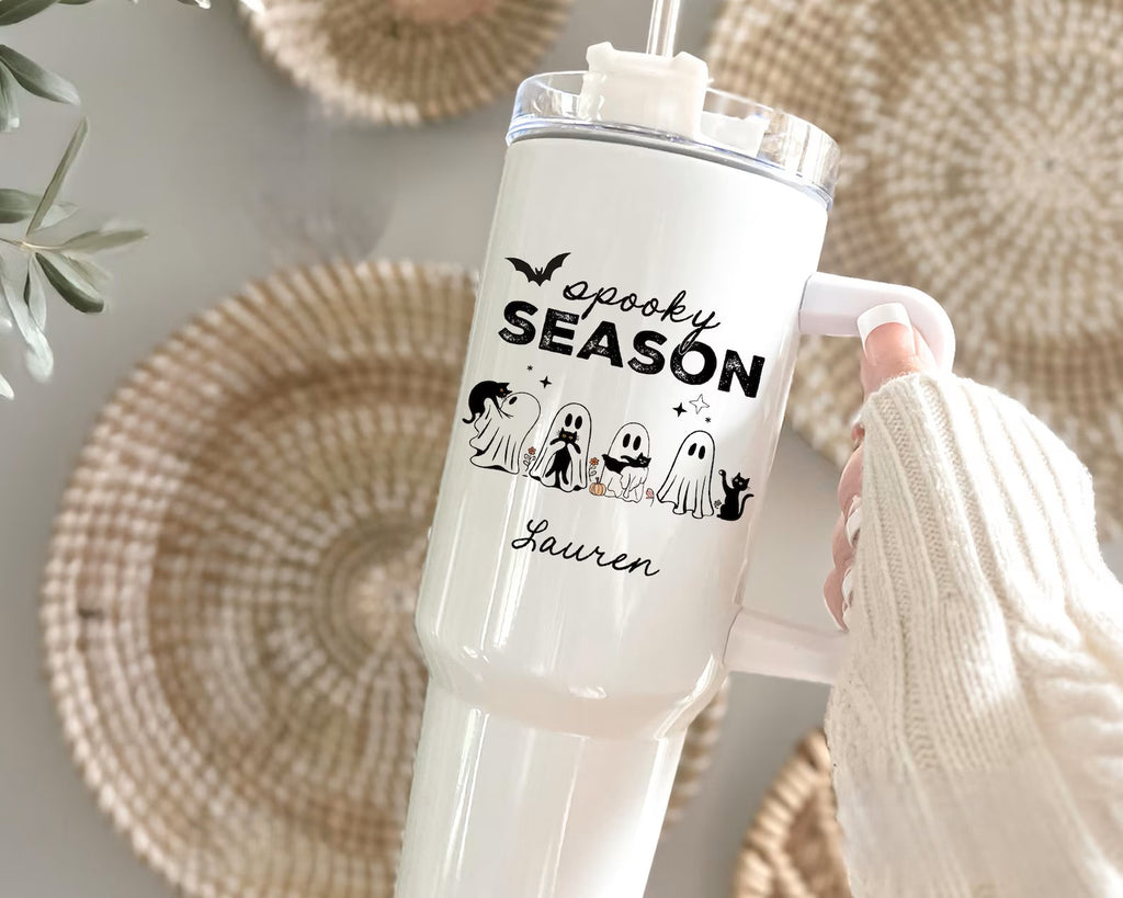 Halloween Ghost Tumbler, 40oz Tumbler with Handle, Personalized Spooky Season Tumbler, Custom Ghost Travel Cup, Ghost Halloween Tumbler Gift. TBLPETAL7