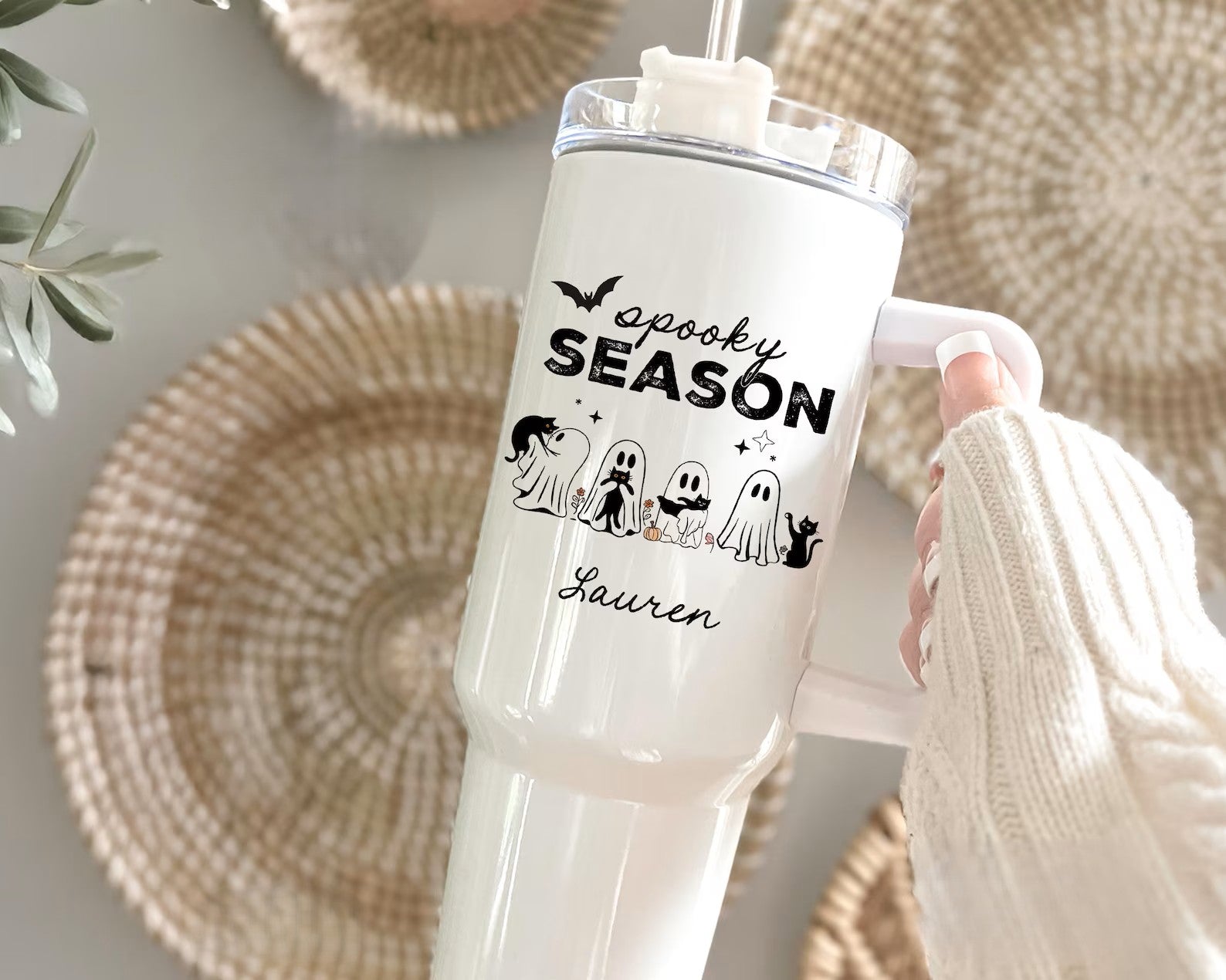 Halloween Ghost Tumbler, 40oz Tumbler with Handle, Personalized Spooky Season Tumbler, Custom Ghost Travel Cup, Ghost Halloween Tumbler Gift. TBLPETAL7