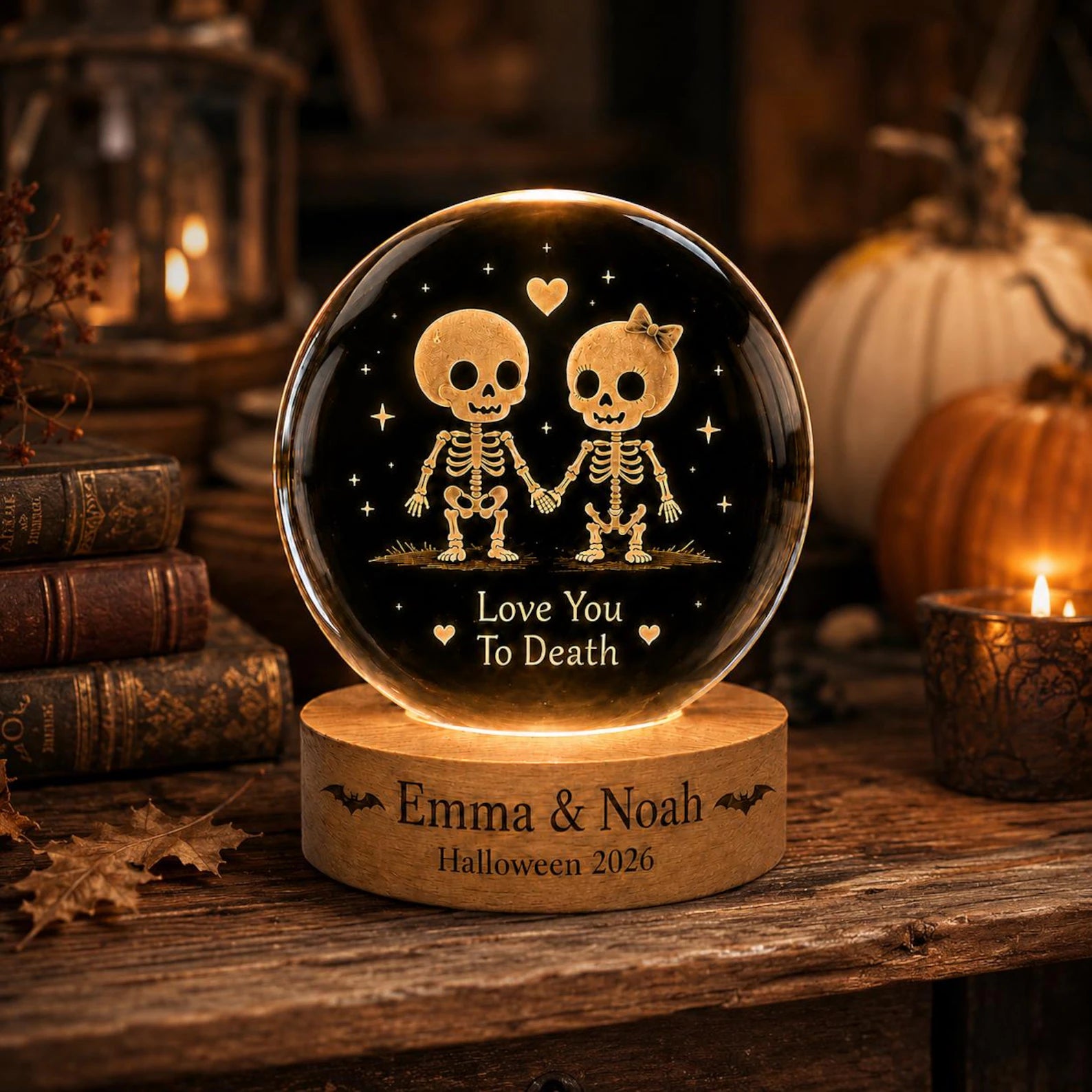 Personalized Skeleton Couple Crystal Ball Night Light, Halloween Decor, Custom Name Spooky Lamp, Gothic Gift for Couples, Fall Home Decor.. LEDPETAL25