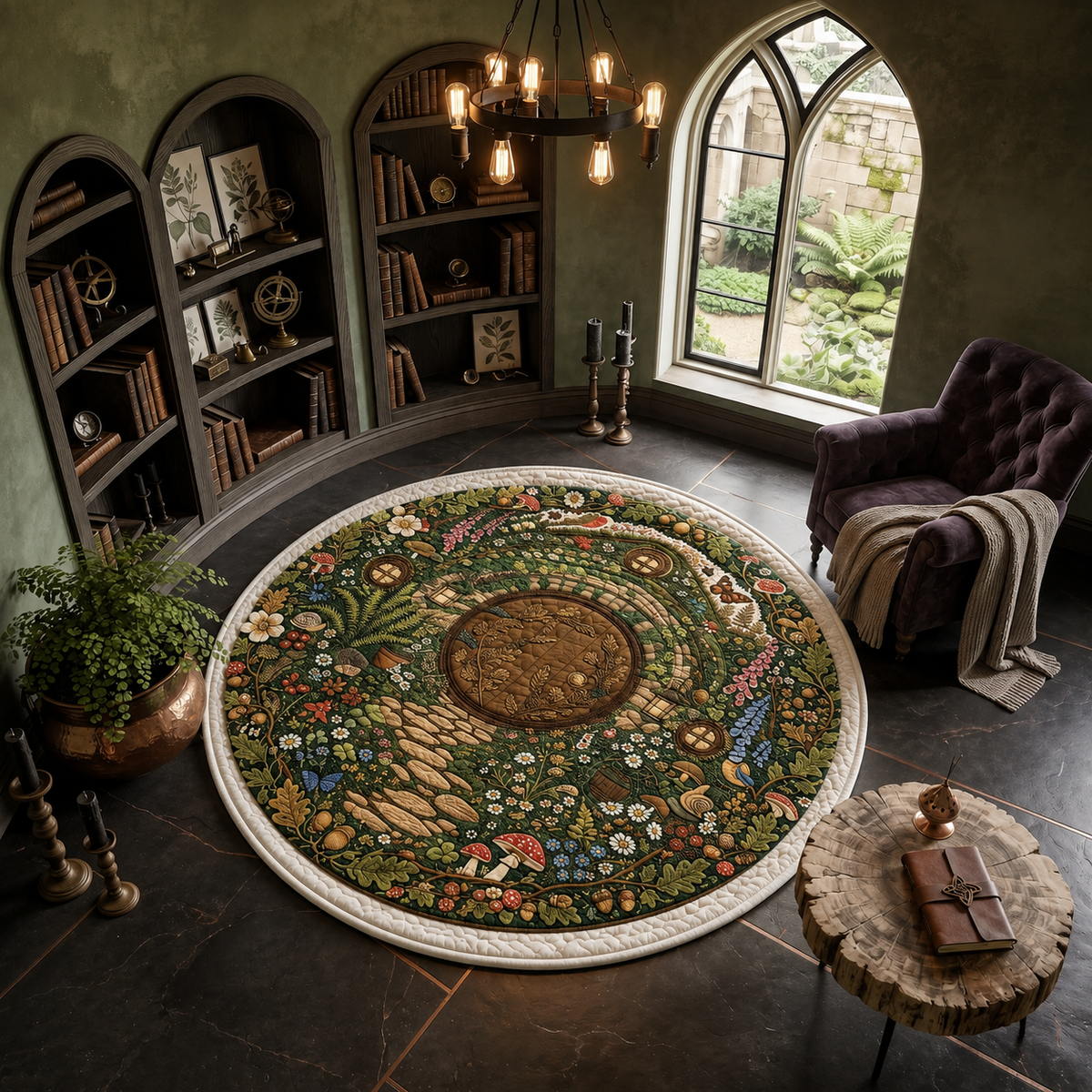 Hobbit Door Round Rug, Fairy Garden Carpet, Cottagecore Woodland Fantasy Area Rug. QRPETAL14
