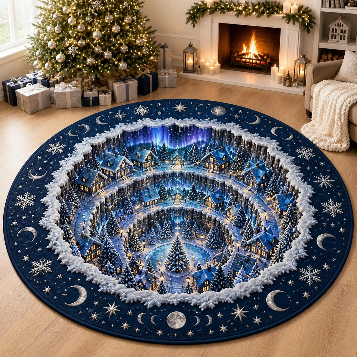 Vintage 3D Optical Illusion Winter Village Quilted Round Rug, Flannel Christmas Floor Carpet. QRPETAL17