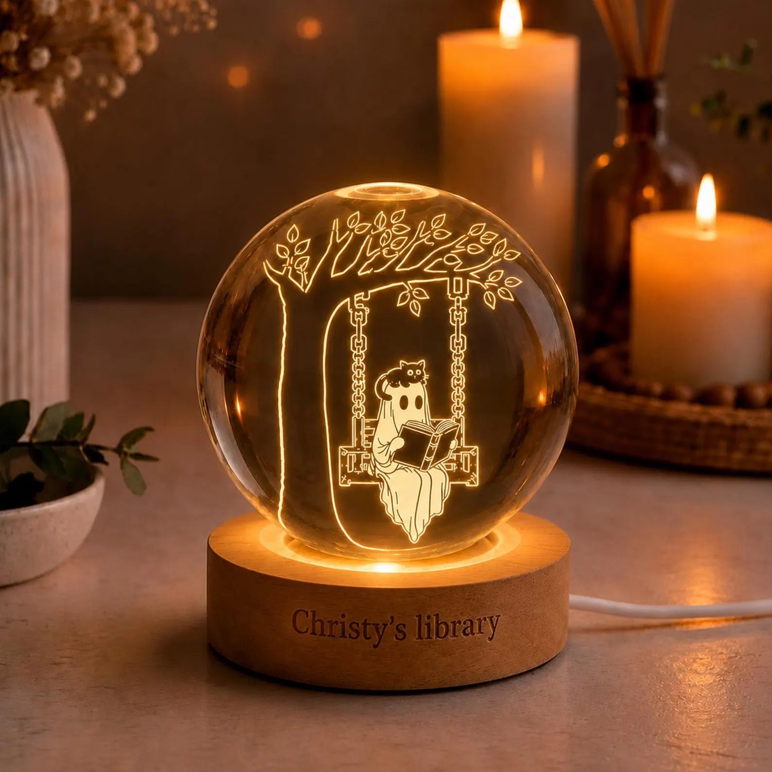 Personalized Ghost Reading Book Crystal Ball, Custom Library Night Light, Book Lover Gift, Cute Ghost Black Cat Lamp, Bookish Room Decor. LEDPETAL20