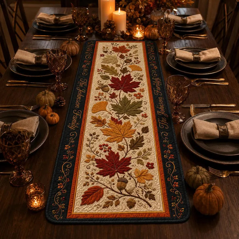 Autumn Leaves Quilted Table Runner, Fall Maple Leaf and Acorn Table Decor, Thanksgiving Dining Room Centerpiece. QTRPETAL8