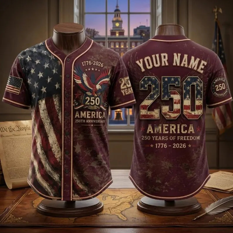 America 250th Anniversary Baseball Jersey, Custom Name USA Jersey, 1776–2026 Patriotic Baseball Shirt, Fourth of July Freedom Jersey. BJPETAL09