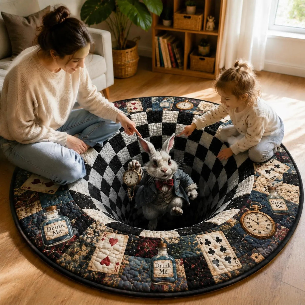 Alice White Rabbit 3D Quilted Rug, New Baby Gift, Halloween Party Decor, Wonderland Rabbit Hole, Round Floor Mat, Checkerboard. QRPETAL09