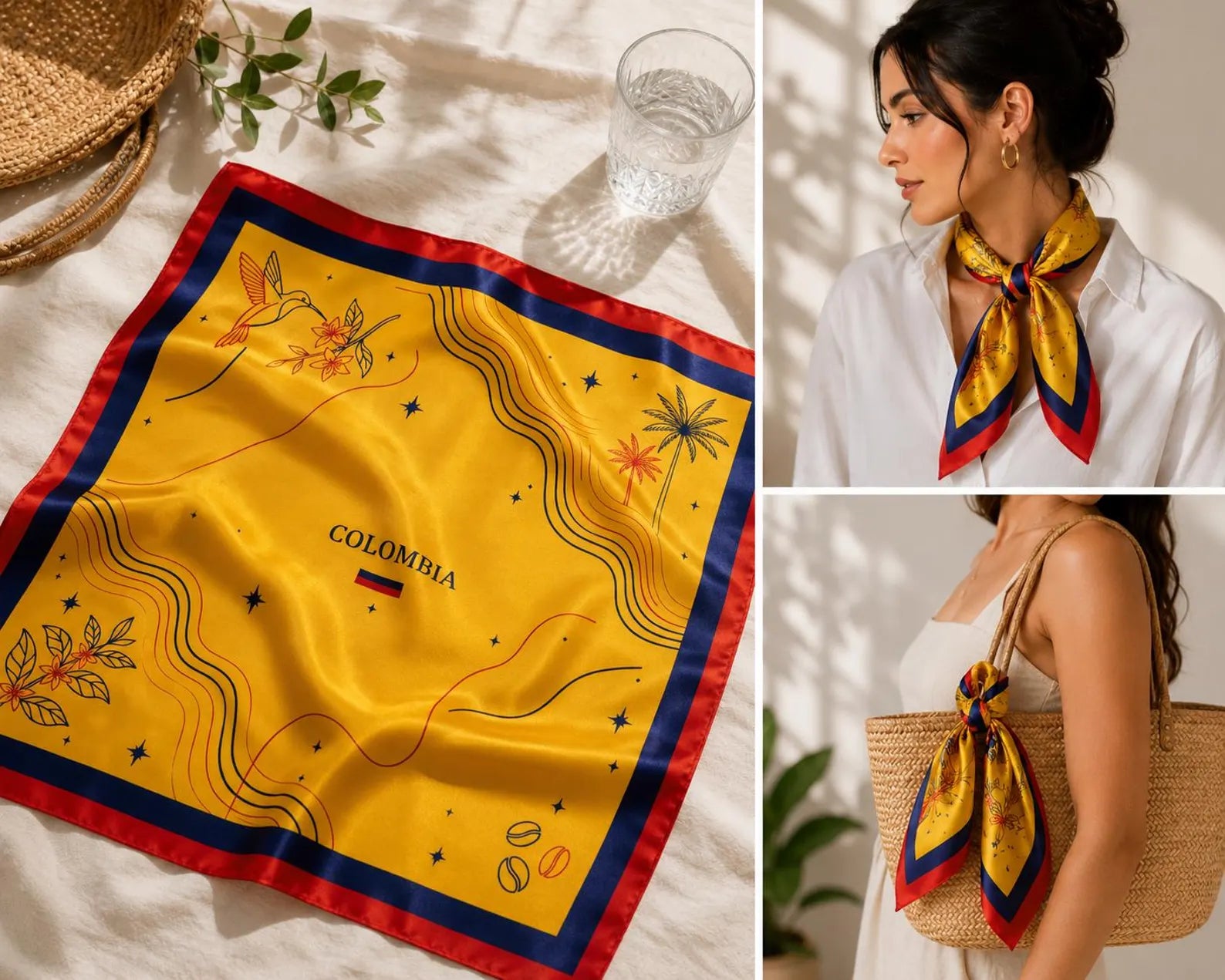 Colombia Satin Scarf 90x90cm | Colombian Heritage Head Scarf | Neck Scarf, Hair Scarf & Bag Accessory Gift. SSPETAL19