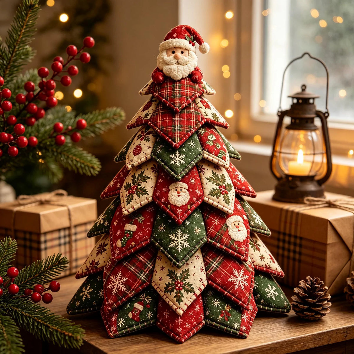 Santa Claus Christmas Tree DIY Kit, Patchwork Fabric Craft, Tabletop Holiday Decor Centerpiece QCTPETAL14