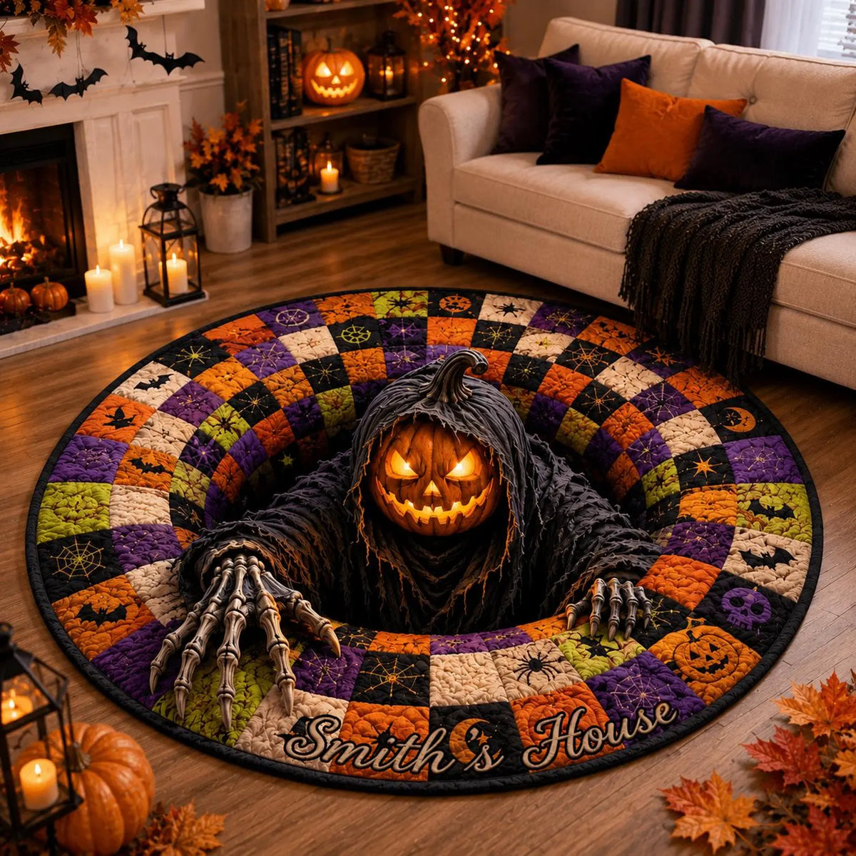 Personalized Quilted Round Halloween Rug, Custom Name Pumpkin Reaper Rug, Spooky Patchwork Decor, Gothic Horror Doormat, Halloween Gift. QRPETAL33