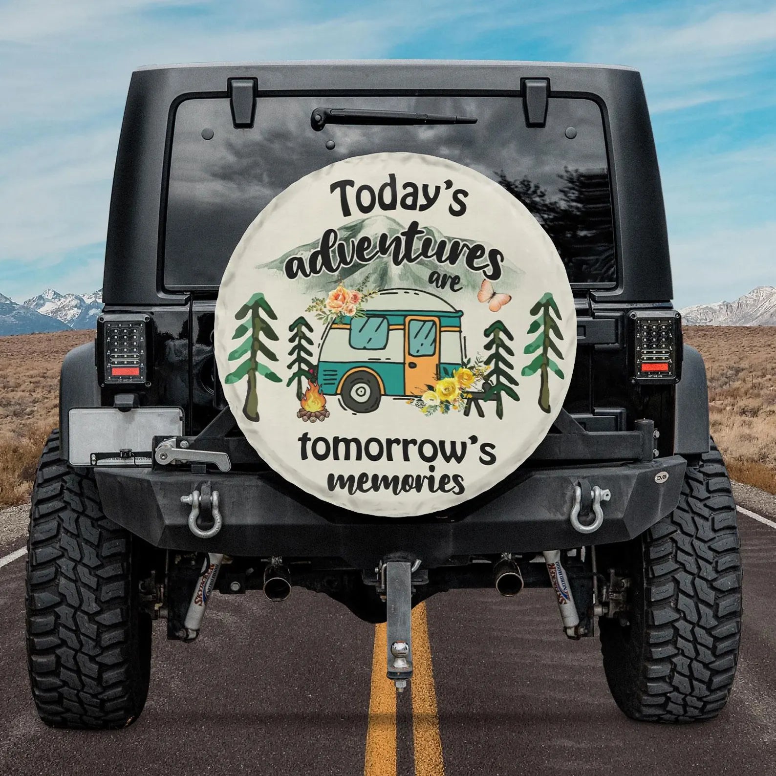 Today's Adventures Are Tomorrow's Memories Spare Tire Cover, Vintage Camper RV Tire Cover, PVC Leather Jeep Tire Cover, Camping Adventure Vehicle Accessory. TCPETAL17
