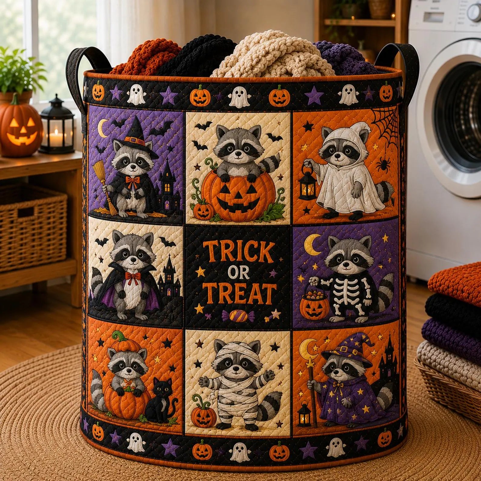 Halloween Raccoon Quilted Laundry Basket, Trick Or Treat Storage Hamper, Spooky Raccoon Halloween Bin, Cute Fall Decor. HLWLBPETAL10