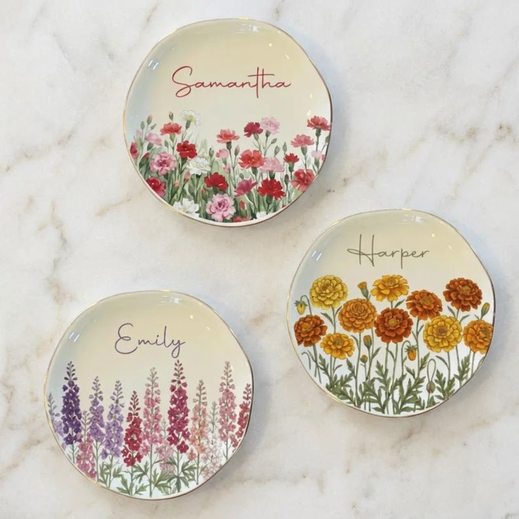Personalized Watercolor Birth Month Flower Ring Trinket Dish, Birthday Jewelry Dish, Wedding Bridesmaid Gift. JWPETAL01
