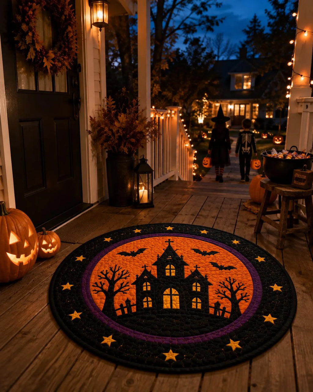 Halloween Quilted Rug, Round Spooky Rug, Spooky Floor Mat, Witchy Decor, Skeleton Rug, Handmade Fall Decor, Halloween Gift, Fall Home Accent. QRPETAL24