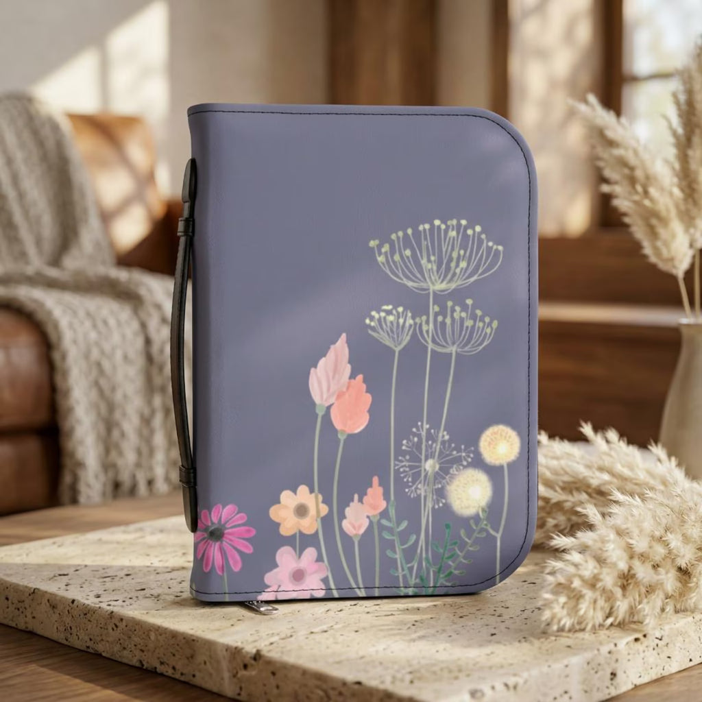 Floral Meadow Bible Cover Case, Purple Wildflower Zipper Bible Bag, Christian Gift for Women. BCPETAL11