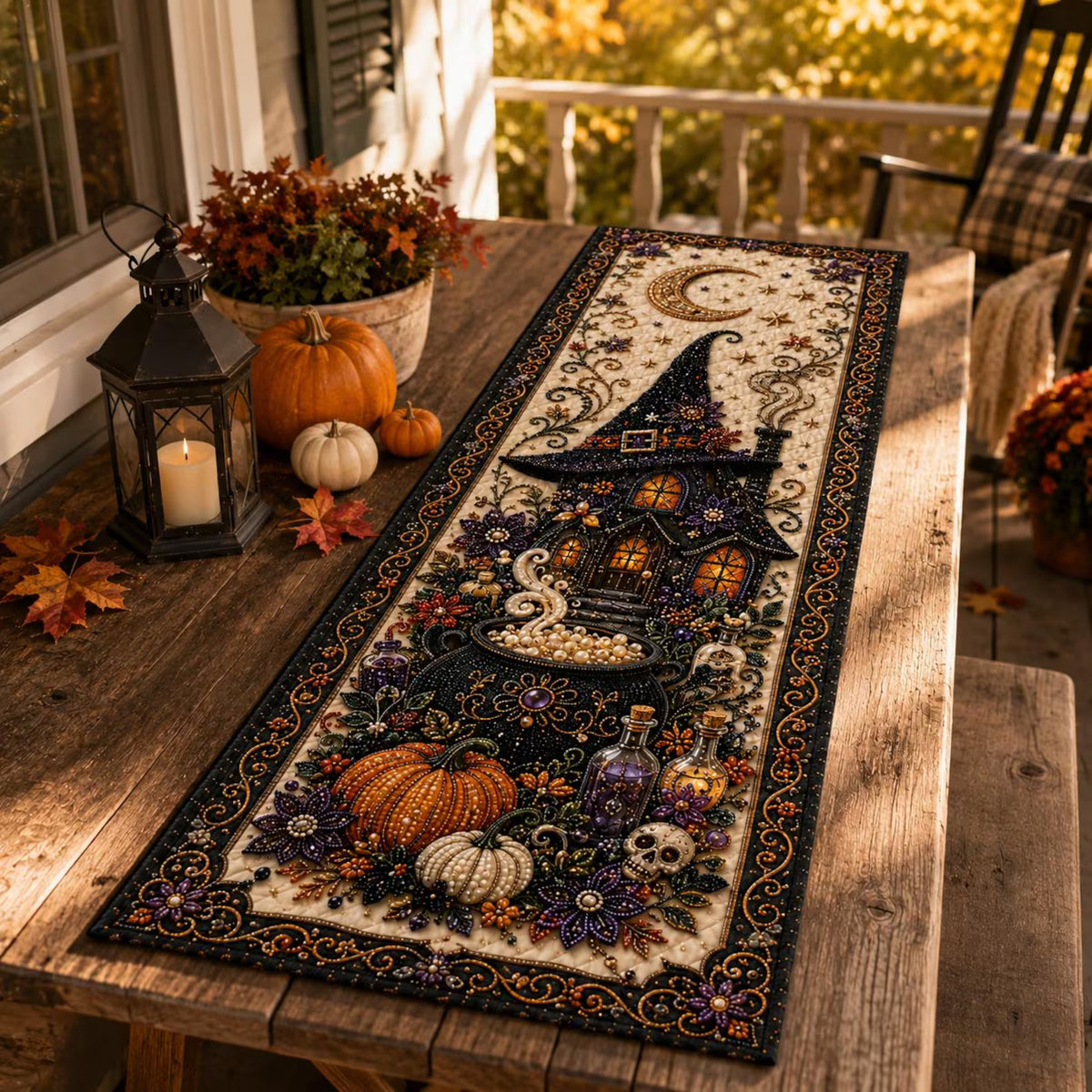 Halloween Witchy Table Runner, Witch Black Cat Cauldron Pumpkin Quilted Table Decor, Spooky Gothic Haunted Cottage Fall Dining Room Decor. QTRPETAL20