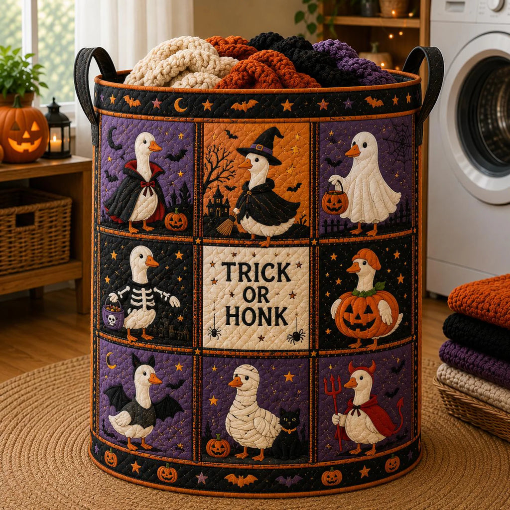Halloween Goose Quilted Laundry Basket, Trick Or Honk Hamper, Funny Halloween Goose Storage Bin, Spooky Fall Decor. HLWLBPETAL8