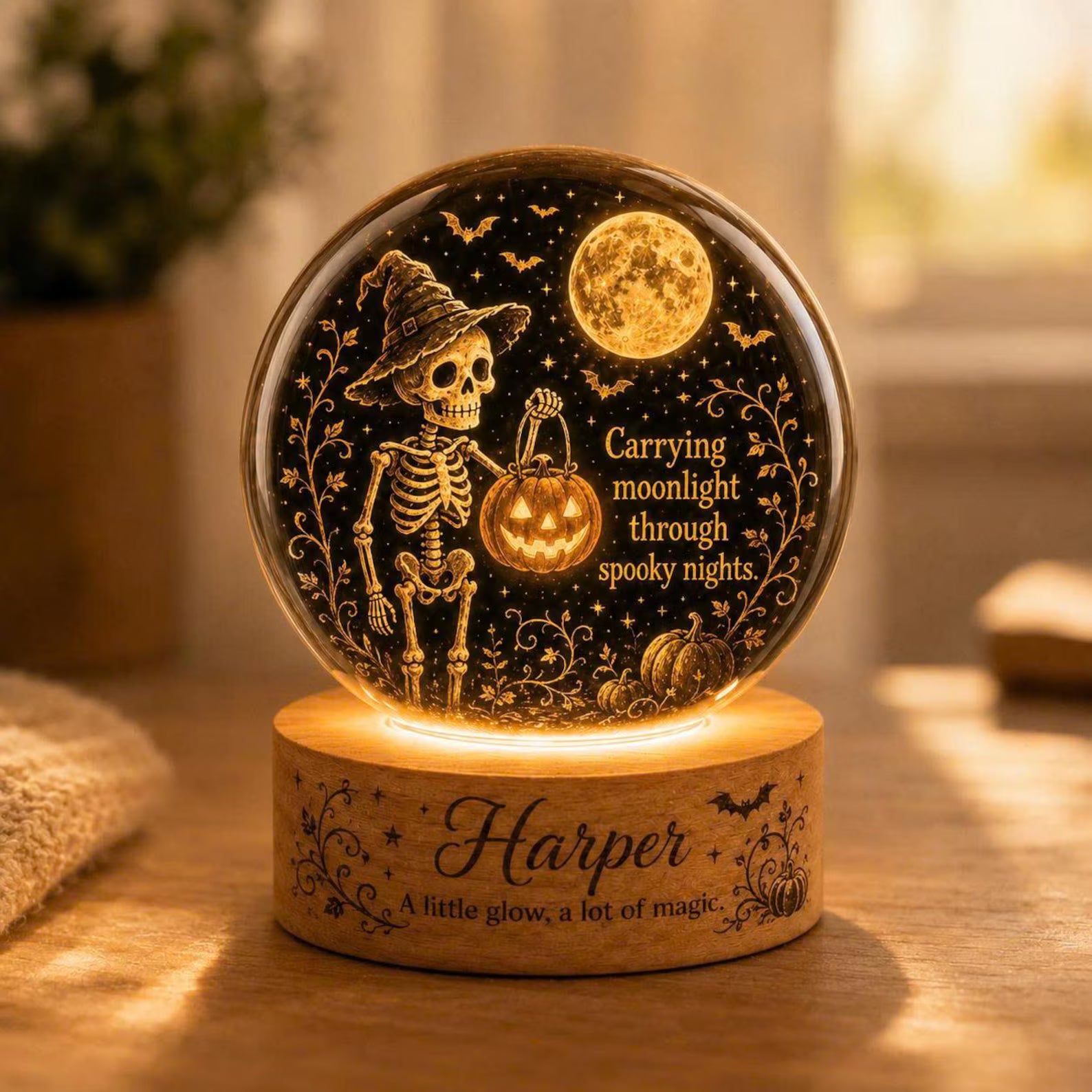Personalized Skeleton Moon Night Light, Custom Name Acrylic Lamp. LEDPETAL23