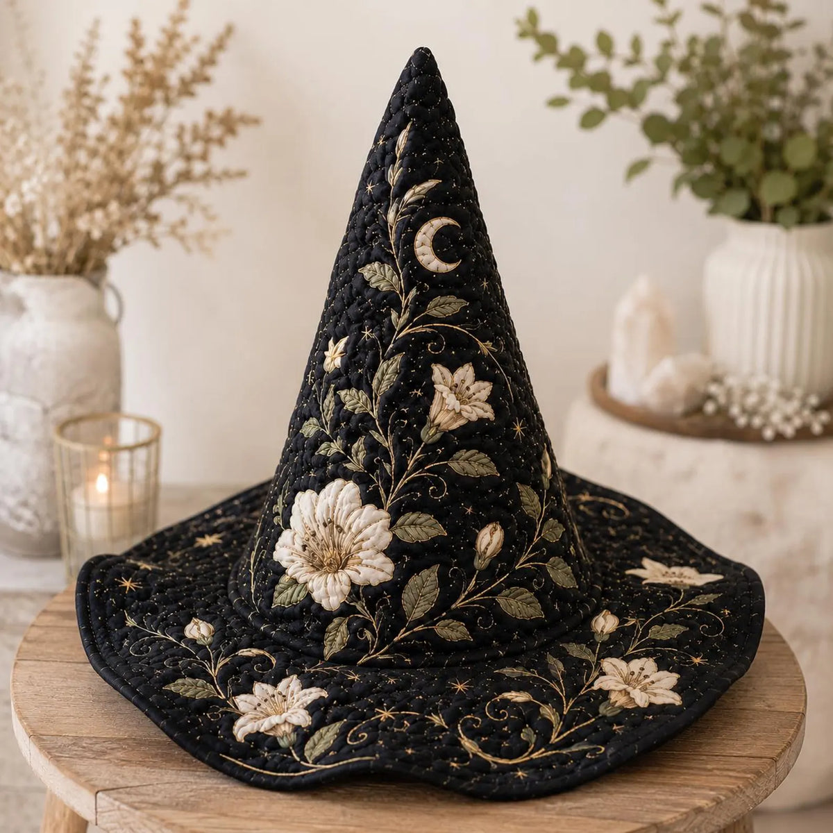 Quilted Witch Hat, Black Floral Moon Witch Hat, Elegant Celestial Halloween Decor, Gothic Cottagecore Costume Hat. QWHPETAL16