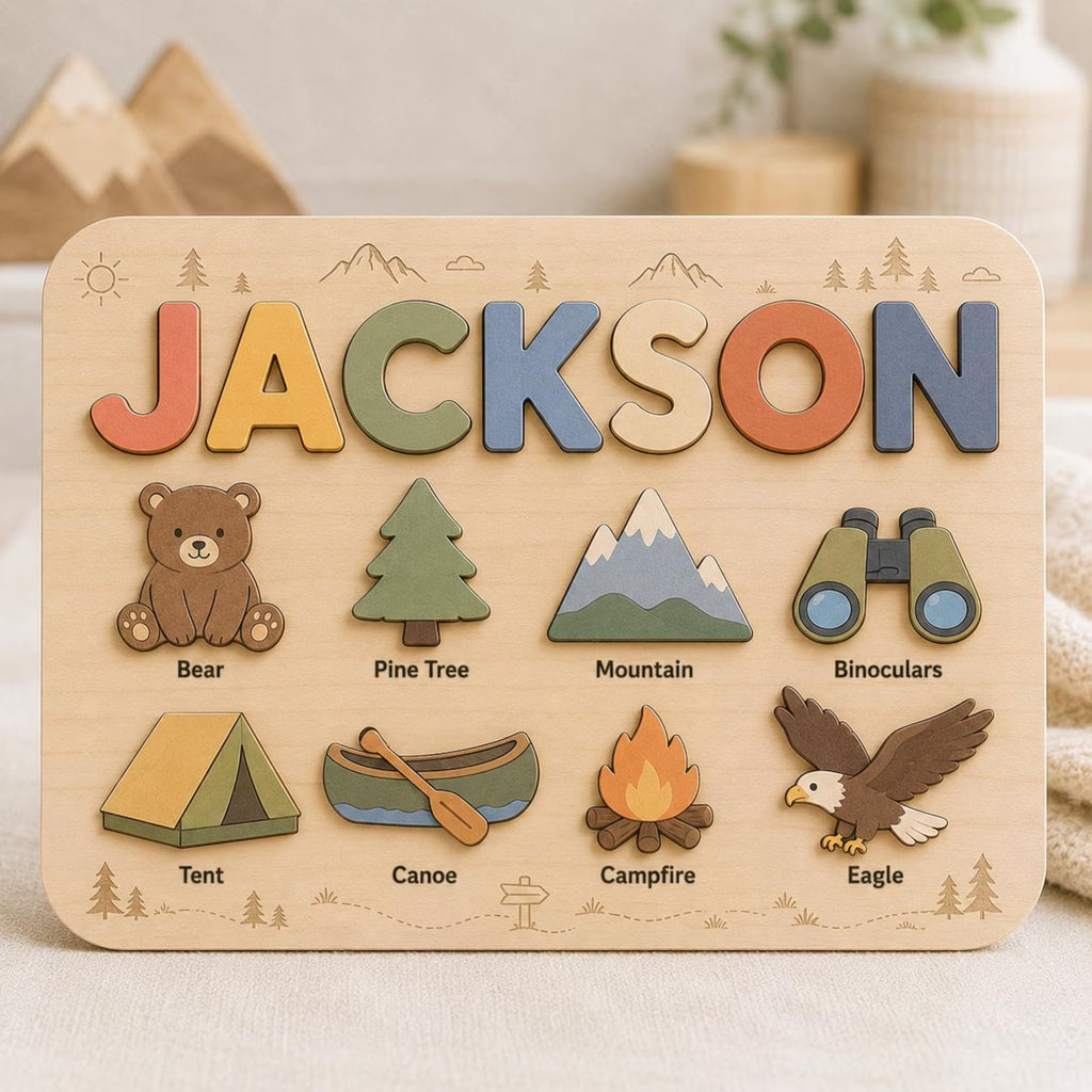 Personalized Woodland Adventure Name Puzzle, Wooden Name Puzzle for Kids, Camping Nursery Decor, Custom Baby Name Gift. NPPETAL8