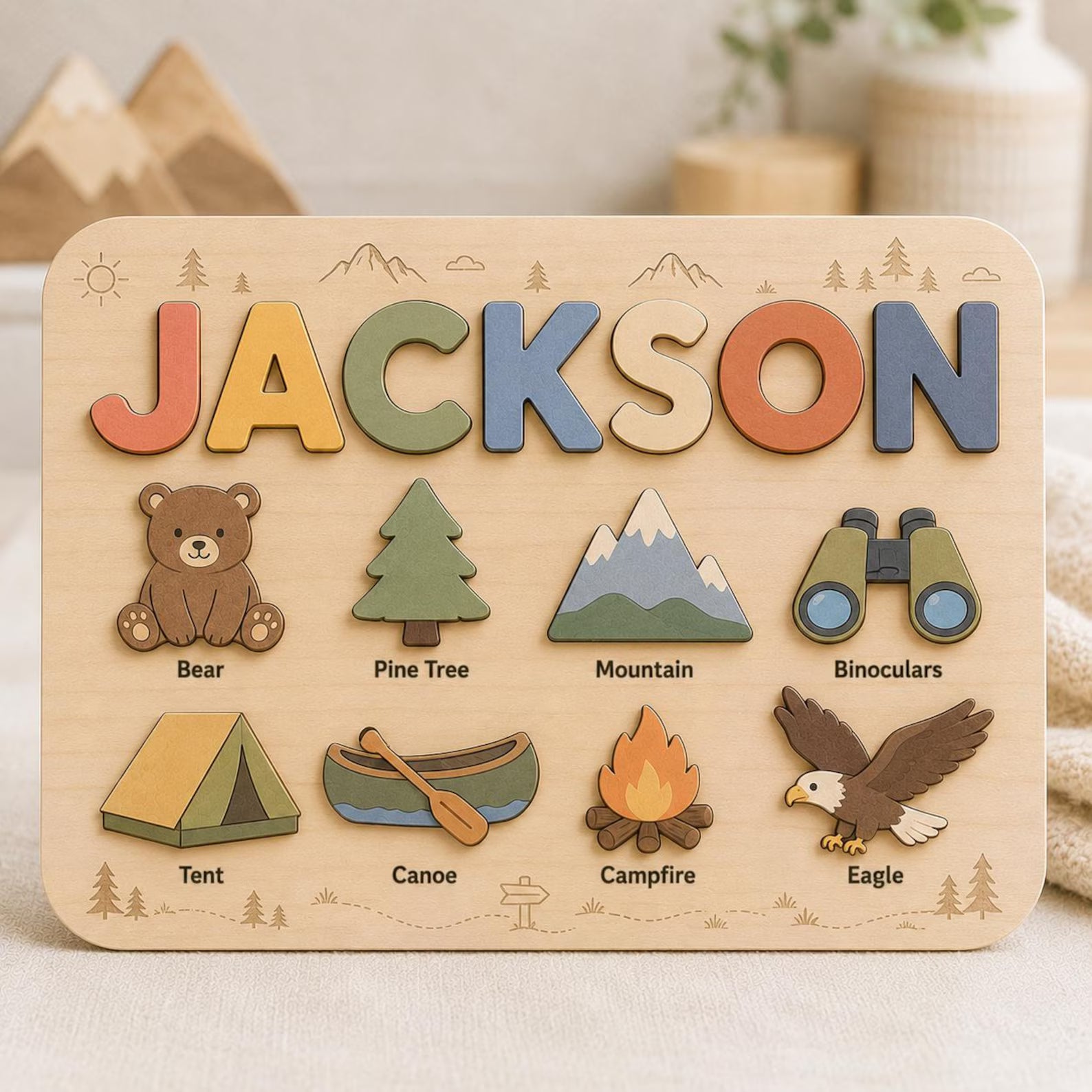 Personalized Woodland Adventure Name Puzzle, Wooden Name Puzzle for Kids, Camping Nursery Decor, Custom Baby Name Gift. NPPETAL8