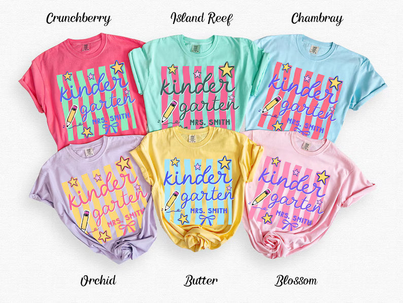 Custom Kindergarten Teacher Shirt, Comfort Colors® Kindergarten Tee, Retro Stripe Kindergarten Team Shirt, Back to School, Elementary Teach. SPETAL7
