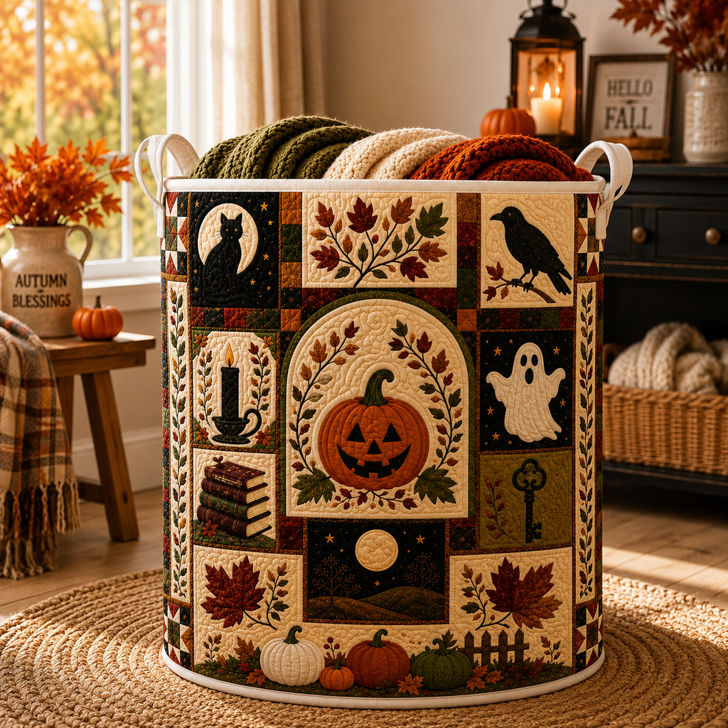 Halloween Storage Bin, Quilted Laundry Basket, Black Cat Pumpkin Hamper, Fall Decor Basket, Spooky Quilt Organizer. HLWLBPETAL5
