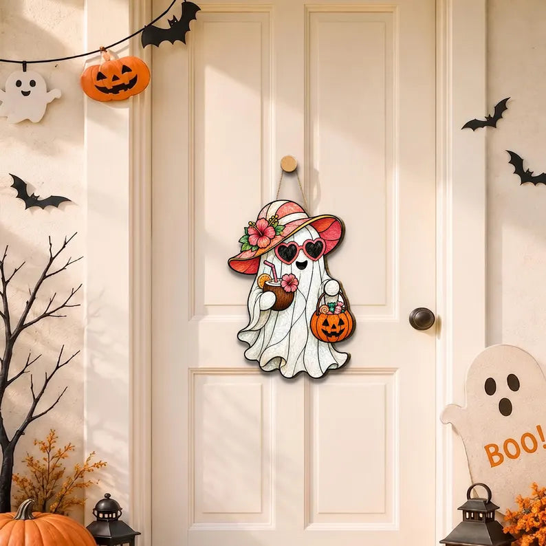 Ghost Welcome Door Hanger, Cute Halloween Ghost Sign, Wooden Halloween Door Sign. Floral Ghost Door Hanger, Wooden Halloween Porch Decor. HLWDHPETAL03