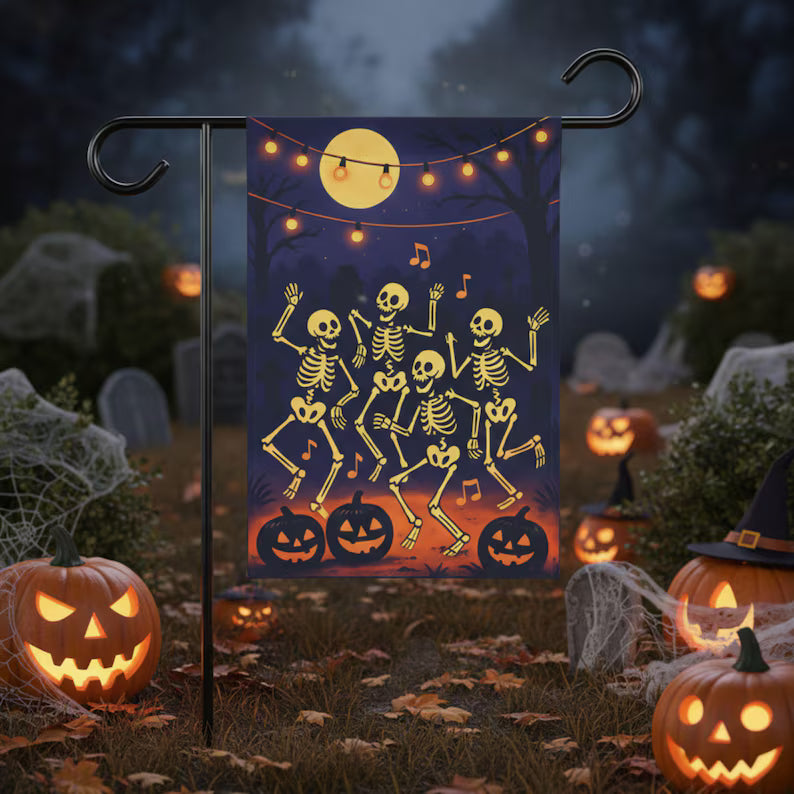 Dancing Skeletons Halloween Garden Flag, Funny Graveyard Party Decor, Spooky Skeleton Yard Sign. HLWGFPETAL3