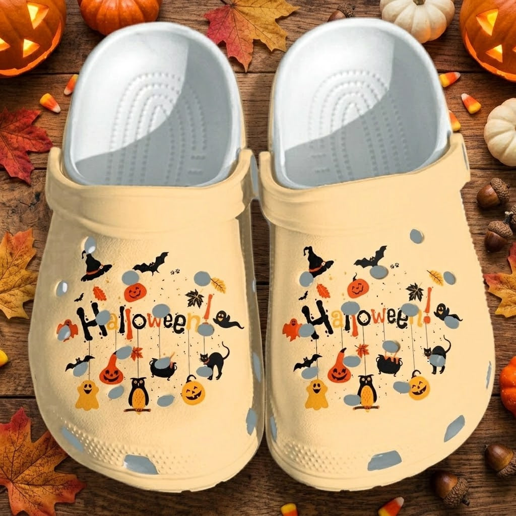 Cute Halloween Clogs – Pumpkin Ghost Black Cat Fall Shoes. Happy Halloween Ghost Pumpkin. CLPETAL06