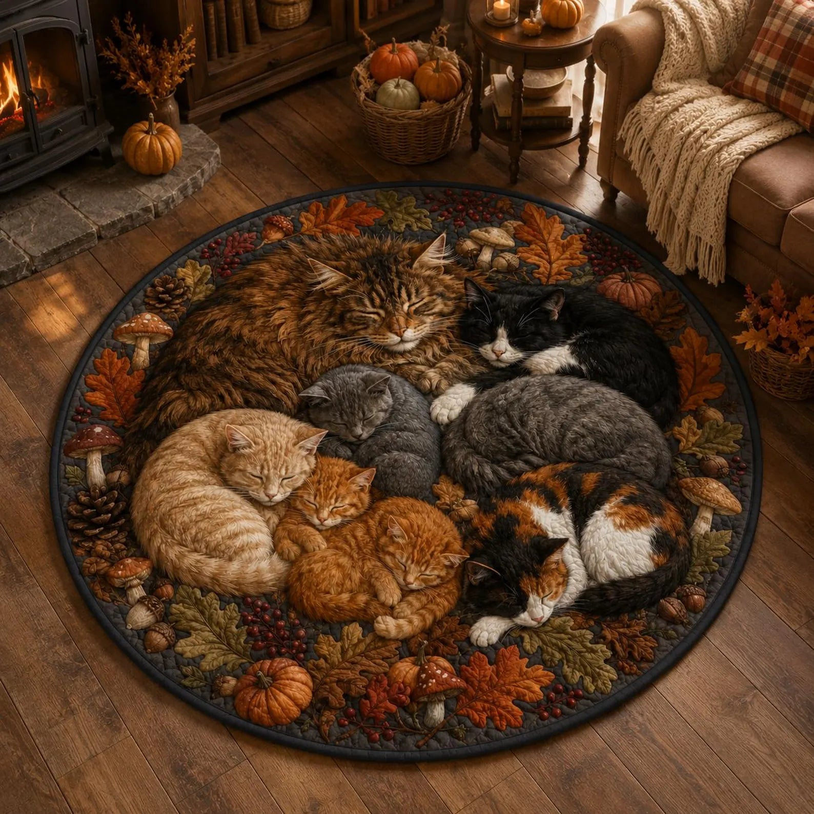 Sleeping Cats Round Rug, Cozy Fall Kitten Area Rug Decor. QRPETAL21